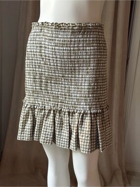 Veronica Beard Smocked Gingham Ruffle Hem Skirt - Olive/White